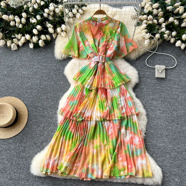 LE2637 Retro Metal Buckle Pleated Midi Dresses Woman Flared Short Sleeve Smudged Print Dress Autumn New Holiday Party Cake Dress - Image 5