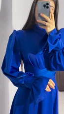 LE2588 2025 Solid Color Satins Maxi Ladies Dress Autumn Lotus Long Sleeves Stand Collar Fold Belted Socialite Party Evening Gown