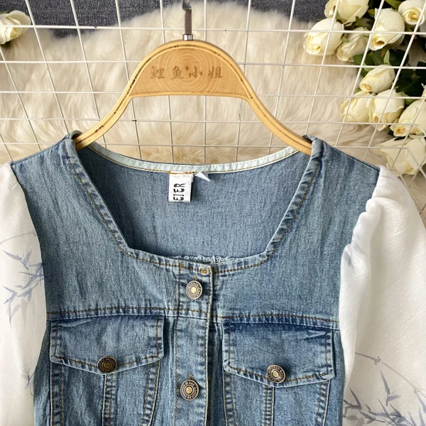 LE2646 Ladies Boutique Dresseses Women Direct Square Collar Short Sleeve Denim Splicing Denim Midi Dress Lady - Image 4