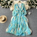 LE2627 Ethnic Beaded V-Neck Printed Dress Temperament Lantern Long Sleeve Long Floral Dresses Women Elegant Holiday Dinner Dress