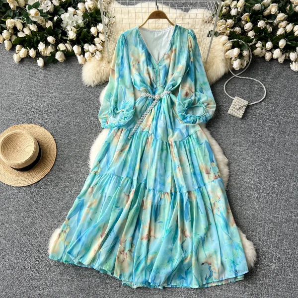 LE2627 Ethnic Beaded V-Neck Printed Dress Temperament Lantern Long Sleeve Long Floral Dresses Women Elegant Holiday Dinner Dress - Image 4