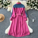 LE2668 Denim Patchwork Women'S Dress Niche Vintage Color Combination Long-Sleeved Single-Breasted Strap Shirt Office Woman Dress