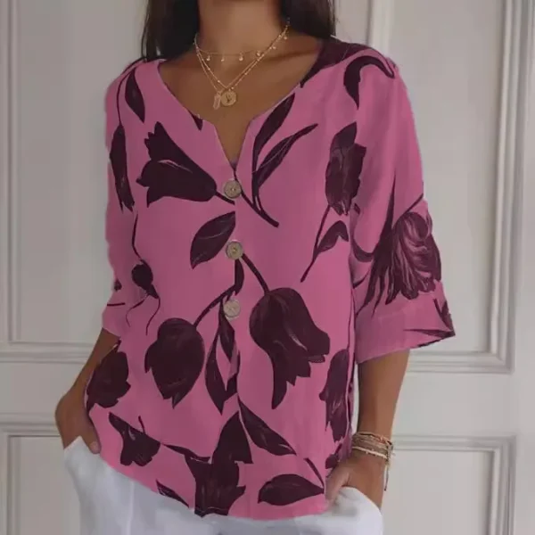 New Printed Cotton Linen V-neck Short Sleeve Pullover Shirt - Image 2