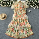 LE2635 Ethnic Chiffon Maxi Printed Dress Ladies Court Style Stand Collar Long Sleeve Long Gown Boutique Holiday Dress for Women
