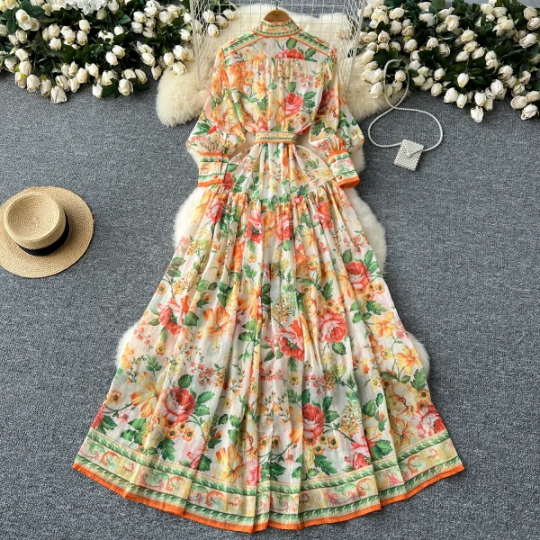 LE2635 Ethnic Chiffon Maxi Printed Dress Ladies Court Style Stand Collar Long Sleeve Long Gown Boutique Holiday Dress for Women - Image 2