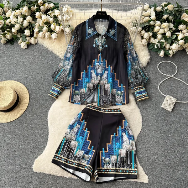 2 Piece Outfits Sets Fashion Socialite Style Thin Long-Sleeved Lapel Print Shirt + High Waist Thin Wide Leg Shorts Two-Piece Set - Image 3