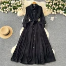 LE4780 Elegant Dress Female Fall Ladies Ladies Dress Niche High-Grade Lace Patchwork Single Breasted Waist Over Knee Dress