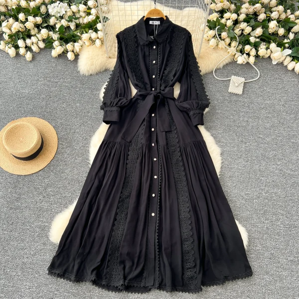 LE4780 Elegant Dress Female Fall Ladies Ladies Dress Niche High-Grade Lace Patchwork Single Breasted Waist Over Knee Dress - Image 6
