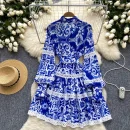 LE2578 Blue and White Print Mini Elegant Dresses Female Stand Collar Pearl Single Breasted Lace Women'S Boutique A-Line Dresses