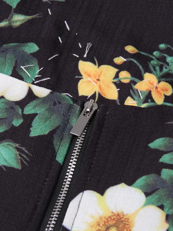 Hit Color Two Piece Sets Colorful Flower Print Beading Crystal Black Square Collar Sleeveless Tops High Waist a Line Skirt Suit - Image 6