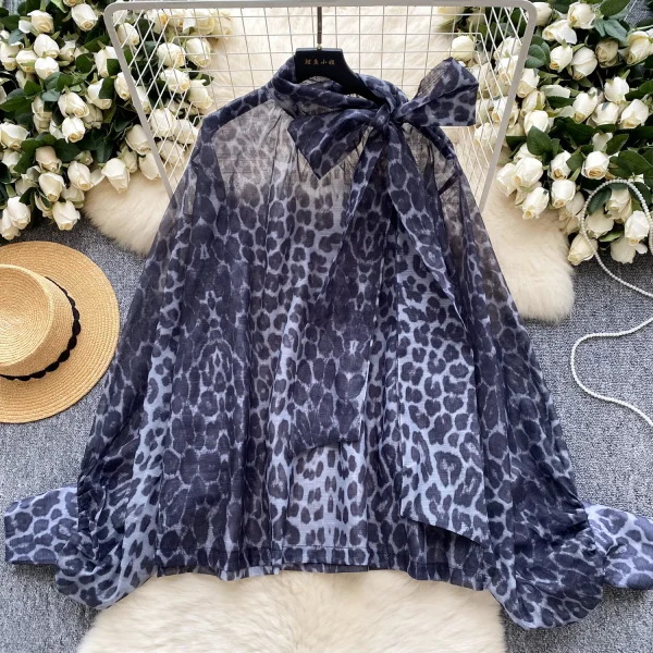 LW0708 Vintage Light Wind Leopard Print Shirt Women Butterfly Bow Tie Mesh Temperament Blouses Elegant Women Ladies - Image 2