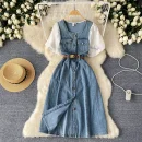 LE2646 Ladies Boutique Dresseses Women Direct Square Collar Short Sleeve Denim Splicing Denim Midi Dress Lady
