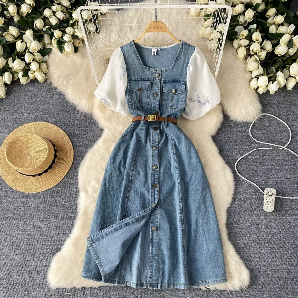 LE2646 Ladies Boutique Dresseses Women Direct Square Collar Short Sleeve Denim Splicing Denim Midi Dress Lady - Image 3