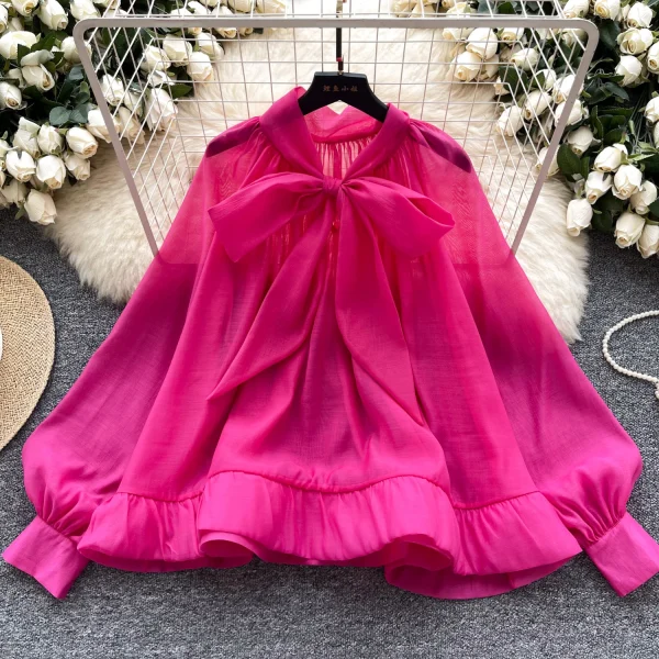 LW0707 Vintage Puffy Sleeve Shirt Women'S Autumn Butterfly Bow Tie Mesh Design Top Blouses Elegant Women Ladies