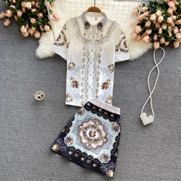 LE4090 Women'S Short-Sleeved Shirt Women'S Design Sense Small Print High-Waisted Skirt Two-Piece Set of Fashion