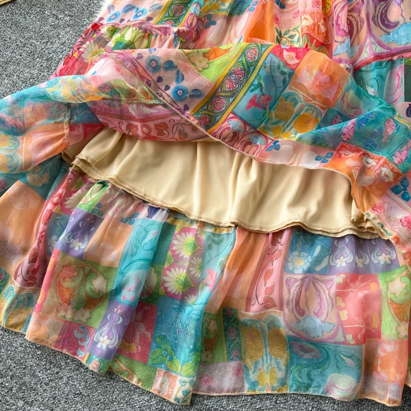 LE2633 Style Chiffon Printed Dresses Ethnic V-Neck Long Sleeve Belted Evening Dresses Maxi Party Robe 2025 - Image 6