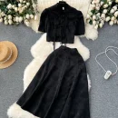 LE2082 Women'S Disk-Buckle Tassel Short Top Temperament 100 Matching Skirt Women'S Senior Sense of Two Sets