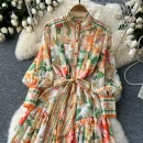 LE2635 Ethnic Chiffon Maxi Printed Dress Ladies Court Style Stand Collar Long Sleeve Long Gown Boutique Holiday Dress for Women