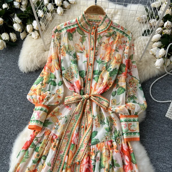 LE2635 Ethnic Chiffon Maxi Printed Dress Ladies Court Style Stand Collar Long Sleeve Long Gown Boutique Holiday Dress for Women - Image 3