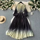 LE2585 Vintage Gradient Printed Dresses 2025 Autumn Lantern Long Sleeve Pleated Dress Women Boutique Belted Midi Party Dresses