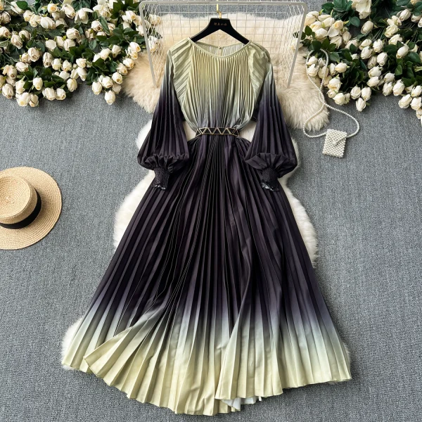 LE2585 Vintage Gradient Printed Dresses 2025 Autumn Lantern Long Sleeve Pleated Dress Women Boutique Belted Midi Party Dresses - Image 3