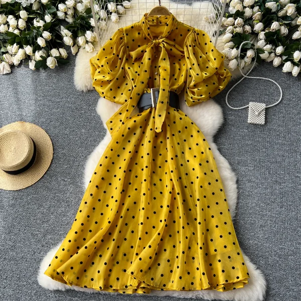 LE2625 Women's Luxury European Polka Dot Mesh Dresses Puffed Sleeves Sailor Collar Maxi Dress Sweet Clothes Socialite
