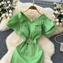 LE4772 Superior V-Neck Lotus Ladies Dress Sleeve Waist Slimming Irregular Design Sense of Banquet Dress