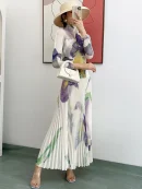 Fold Suit Print High Collar Fold Top + Pleated Skirt Casual Two Piece Set
