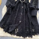 LE4765 High-End Sense Floral Dress Niche Elegant Short Dress Female Lace-Up Waist Lapel Single Breasted Lace Dress