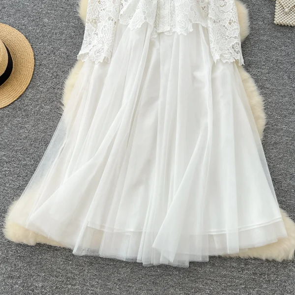 LE4774 White Dinner Party Dress for Women Heavy Industry Cutout Hook Lace Patchwork Receiving Waist Mesh Dress for Women - Image 5