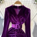 LE2661 Autumn Socialite Midi Evening Dresses Woman Femininity Dinner Dress Velvet Pleated Slit Cover Hip Canary Dresses Female