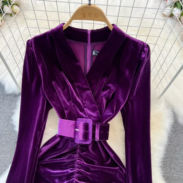 LE2661 Autumn Socialite Midi Evening Dresses Woman Femininity Dinner Dress Velvet Pleated Slit Cover Hip Canary Dresses Female - Image 6