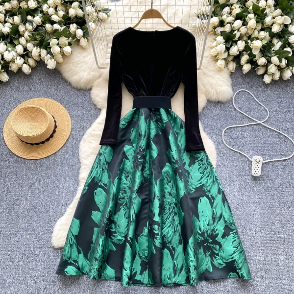 LE2647 Ladies Boutique Midi Dresseses Women Direct Dress Female Autumn Velvet Splicing Jacquard Long Dresses - Image 3