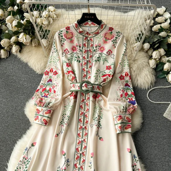LE2584 Vintage Maxi Printed Dresses 2025 New Autumn Lantern Long Sleeve Evening Gown Single Breasted Women Boutique Long Dresses - Image 4