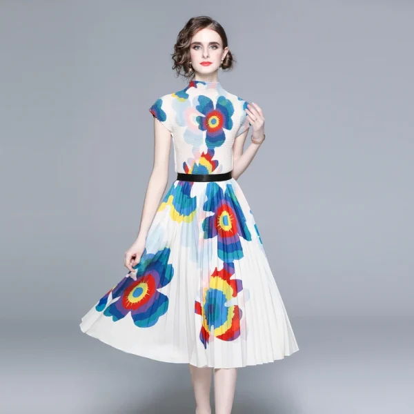 LE1247 in Stock Women'S Miyake Pleated T-Shirt Printed Long Pleated Skirt High Quality Fabric Women'S Sets Boutique Clothing - Image 3