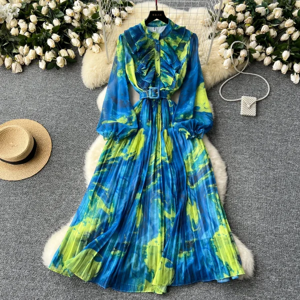 LE2639 Oil Print Midi Dress Lady French Vintage Elegant Dress Women'S Plicated Splicing Long Sleeve Waist Print Chiffon Dresses - Image 3