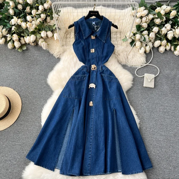 LE2653 Boutique Denim Dresseses Female Korean Metal Button Sleeveless Midi Dress Direct Elegant Women'S Dress