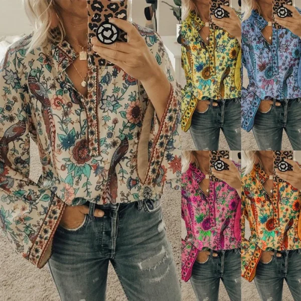 Women's Chiffon Floral Printing Blouses Elegant Shirts Women Tops - Image 2