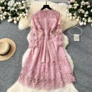LE4770 High-End Women'S Dress 2025 Autumn Fashion Heavy Industry Hollow Hook Lace Waist Slimming Big French Skirt