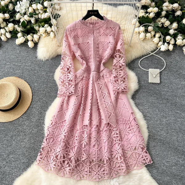 LE4770 High-End Women'S Dress 2025 Autumn Fashion Heavy Industry Hollow Hook Lace Waist Slimming Big French Skirt - Image 2