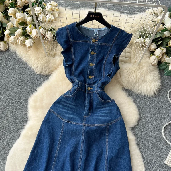 LE2654 Boutique Denim Dresseses Female Korean Metal Button Sleeveless Midi Dress Elegant 2025 New Women'S Long Dress - Image 3