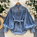 LW0833 Women's Slimming Blouse Solid Pattern Waist Collared Shirt Stand Collar Woven Top Casual Wear Spring 2025