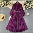 LE2605 Autumn Vintage Pleated V-Neck Evening Gown Female High Quality Nail Drill Flowing Hemline Socialite Long Evening Dresses
