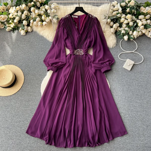 LE2605 Autumn Vintage Pleated V-Neck Evening Gown Female High Quality Nail Drill Flowing Hemline Socialite Long Evening Dresses - Image 4