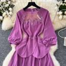 LE4773 Women'S Elegant Dress Diamond Studded Nail Bead Mesh Patchwork Receiving Waist Long Pleated Dress Skirt