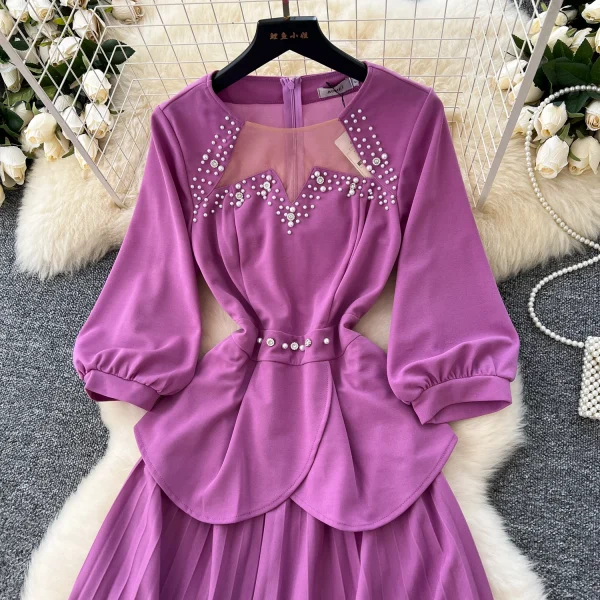 LE4773 Women'S Elegant Dress Diamond Studded Nail Bead Mesh Patchwork Receiving Waist Long Pleated Dress Skirt - Image 2