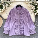 LW0704 Chic Blouse Women'S High-Grade Lace Patchwork Single Breasted Long Sleeve Temperament Blouses for Lady