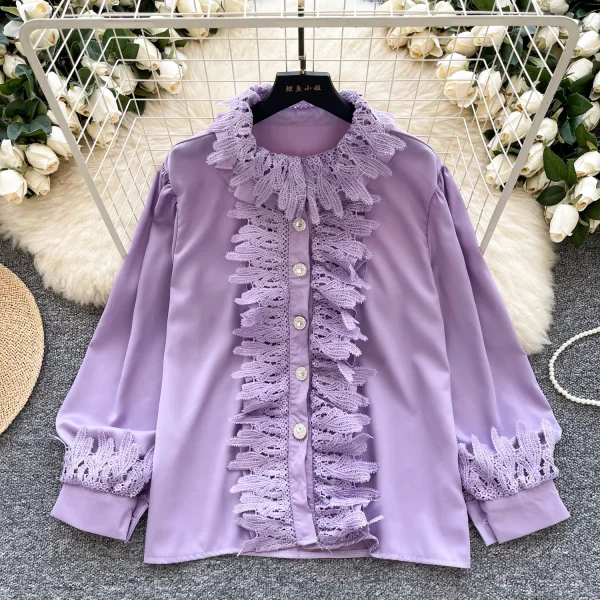 LW0704 Chic Blouse Women'S High-Grade Lace Patchwork Single Breasted Long Sleeve Temperament Blouses for Lady - Image 3