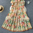 LE2635 Ethnic Chiffon Maxi Printed Dress Ladies Court Style Stand Collar Long Sleeve Long Gown Boutique Holiday Dress for Women