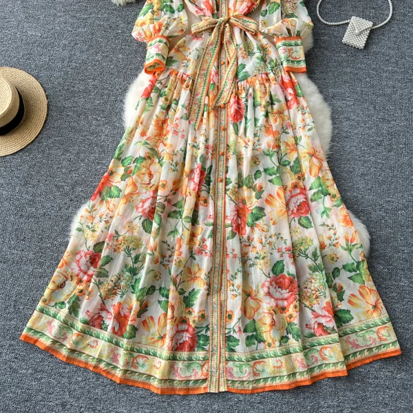 LE2635 Ethnic Chiffon Maxi Printed Dress Ladies Court Style Stand Collar Long Sleeve Long Gown Boutique Holiday Dress for Women - Image 4